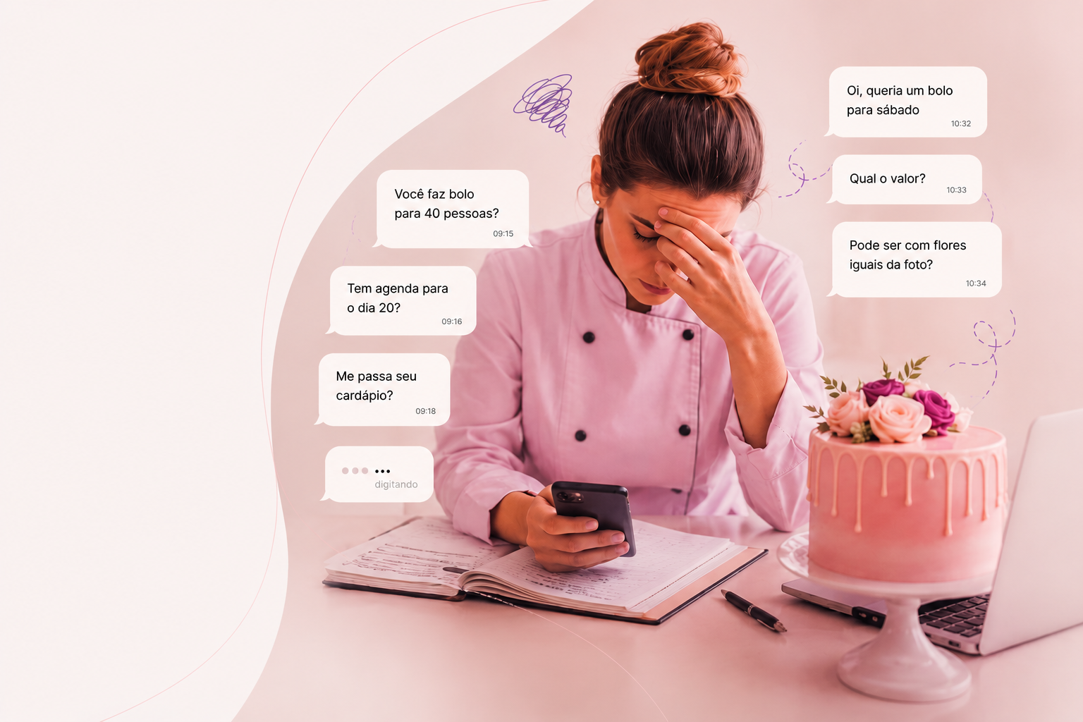Confeiteira sobrecarregada respondendo várias mensagens no WhatsApp
